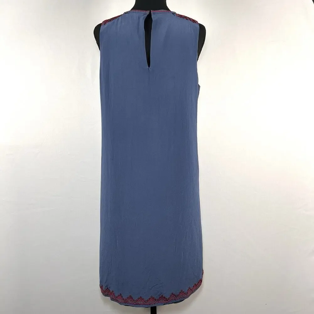 Madewell 100% Silk Boho Geometric Embroidered Shift Dress Blue Red Size L - Picture 5 of 10